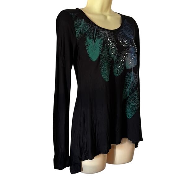 Wet Seal XS Black Knit Tunic Top Feather Design Rhinestone Embellished Y2K - Picture 3 of 9